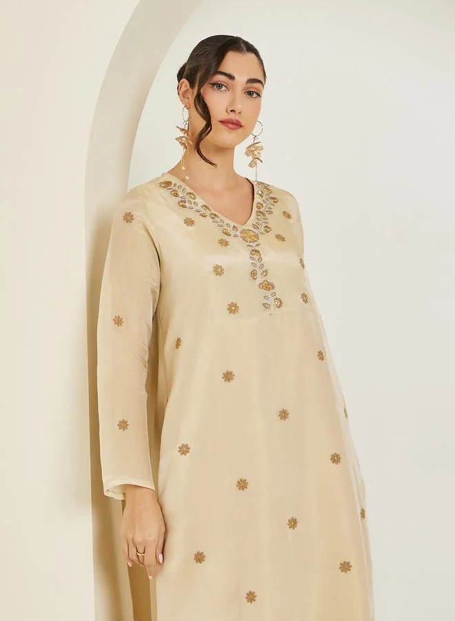 Amirah Women Cream Embroidered A-Line Jalabiya